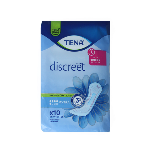 Tena Lady Discreet Extra incontinence pads, pack of 10, designed for discreet and reliable bladder leakage protection.