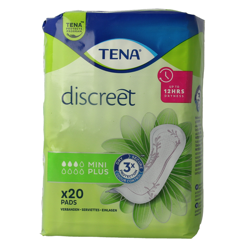 Tena Lady Mini Discreet Plus incontinence pads, 20-pack, showing compact absorbent pads for discreet protection