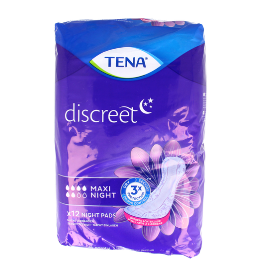 Tena Lady Discreet Maxi Night incontinence pads, 12 pack, designed for discreet overnight protection for women.