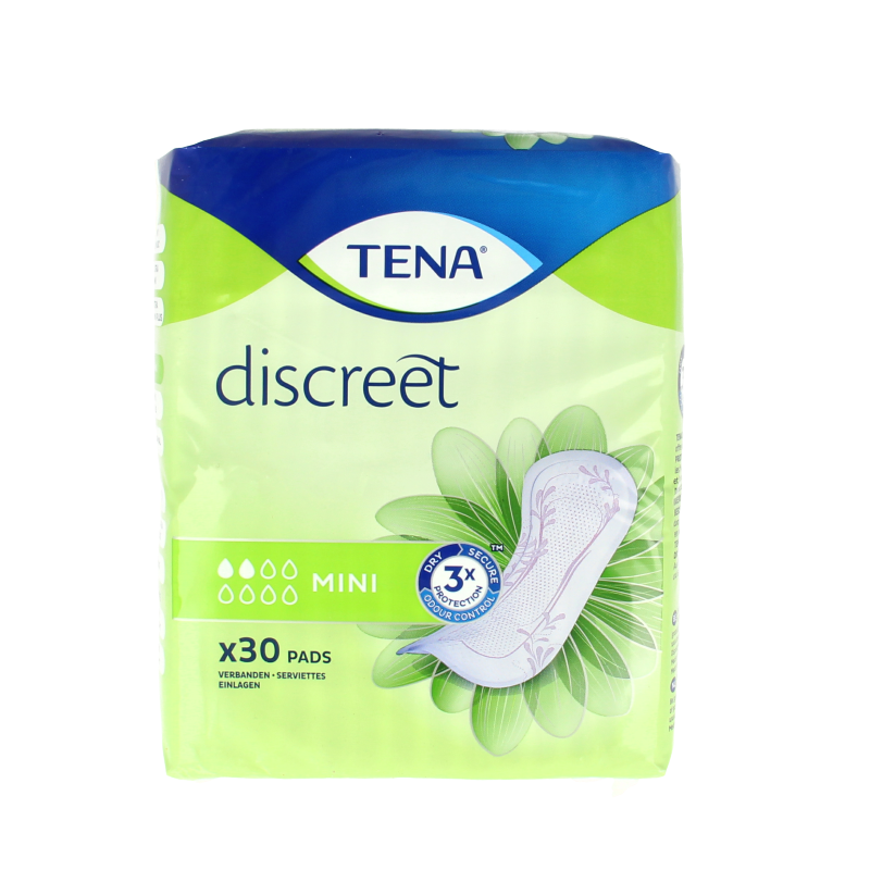 Tena Lady discreet mini incontinence pads, 30 pack, small size, designed for discreet protection and comfort.