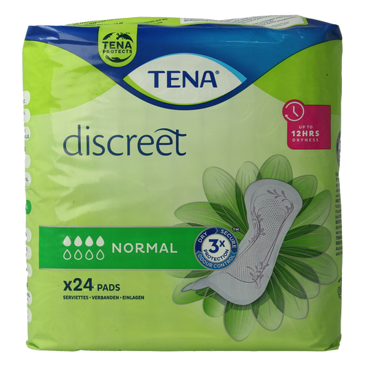 Tena Lady discreet normal incontinent pads, 24-pack, for light bladder leakage, with absorbent and discreet design.