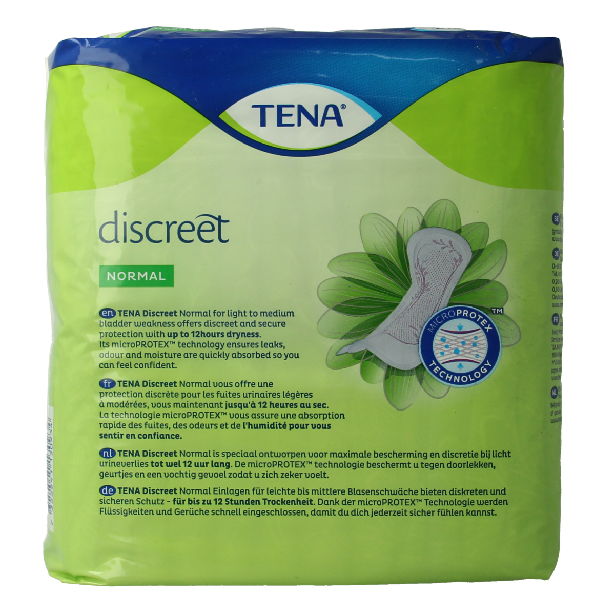 Tena Lady Discreet Normal incontinence pads, 24 pack, showing the packaging with discreet design and product details.