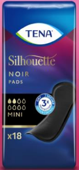Tena Silhouette noir mini incontinence pads, 18-pack, showing discreet black pads for light bladder control.