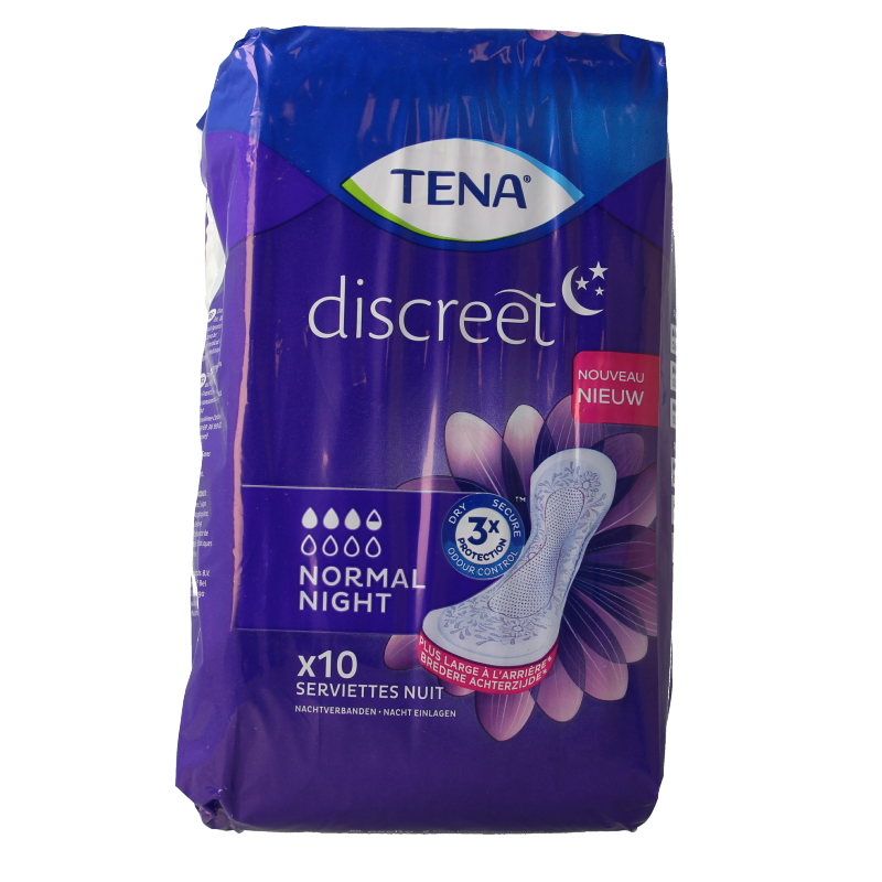Tena Discreet normal night incontinent pads, pack of 10, designed for discreet and comfortable nighttime protection.