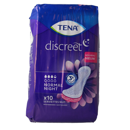 Tena Discreet normal night incontinent pads, pack of 10, designed for discreet and comfortable nighttime protection.