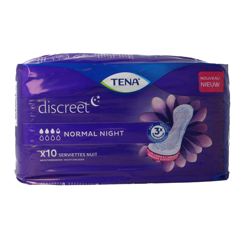 Pack of Tena Discreet normal night incontinence pads with 10 pieces, featuring discreet design and secure absorbency.