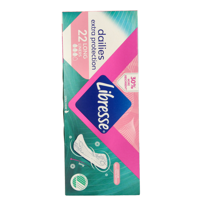 Libresse extra protect long inlegkruisjes for women, 22 pieces, with feminine hygiene product packaging and branding visible.