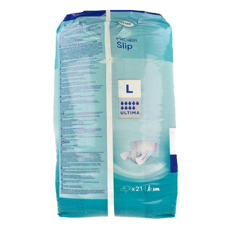 Tena Proskin slip ultima large incontinence underwear, shown in size large with 21 disposable protective briefs.