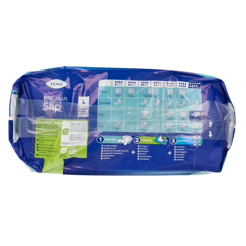 Tena Proskin Slip Ultima large incontinence adult diaper pack, showing 21 disposable incontinence briefs in white.