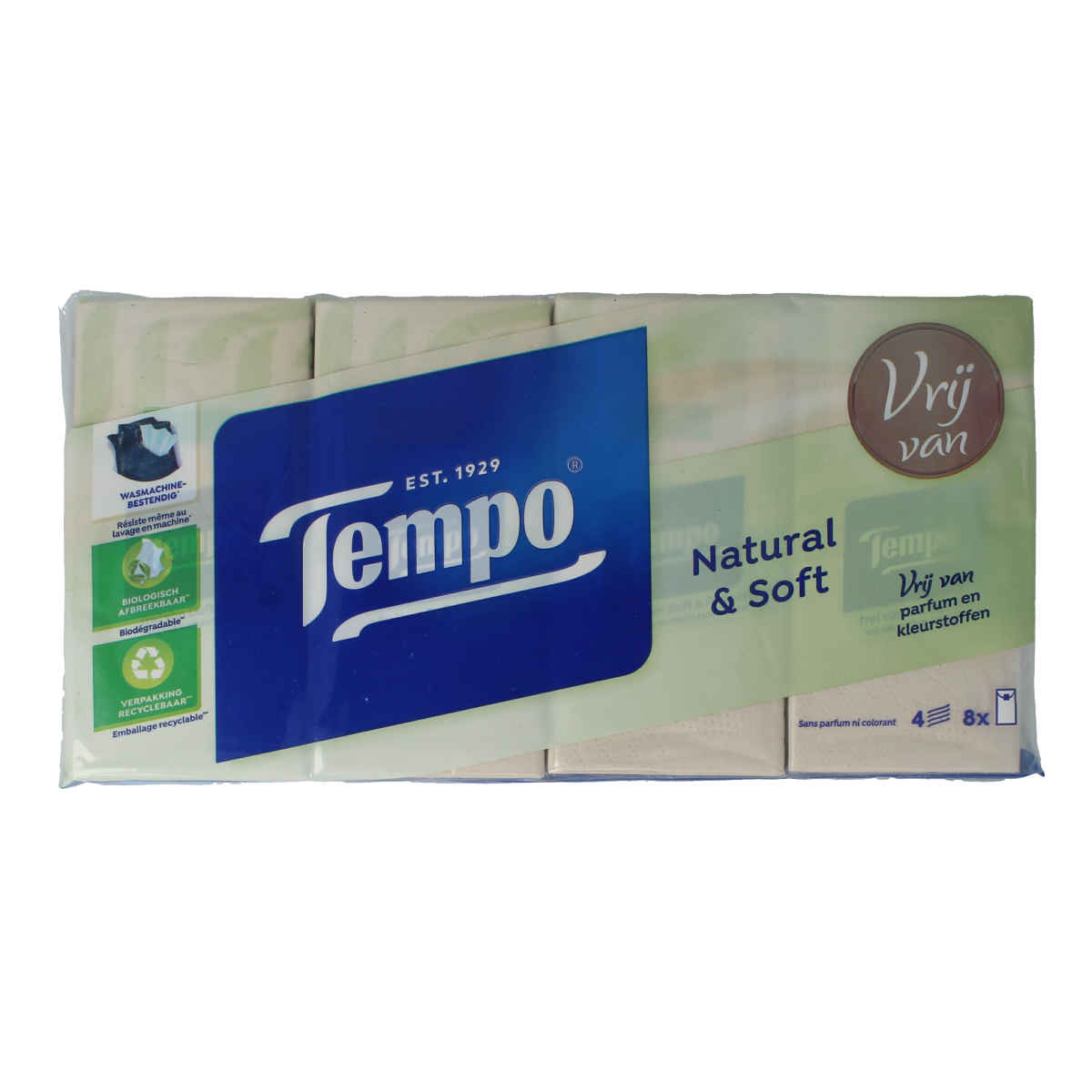 Tempo Natural & soft zakdoekjes 8 x 9 stuks 8.00 Stuks