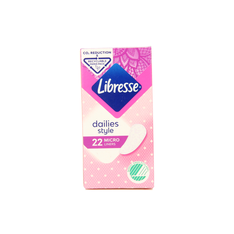 Libresse inlegkruisjes micro 22 stuks, feminine panty liners for women, white packaging, compact and discreet.