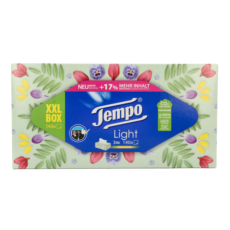 Box of Tempo XXL 3-layer tissues with 140 tissues, featuring a white tissue box with blue accents and tissue sheets visible inside.