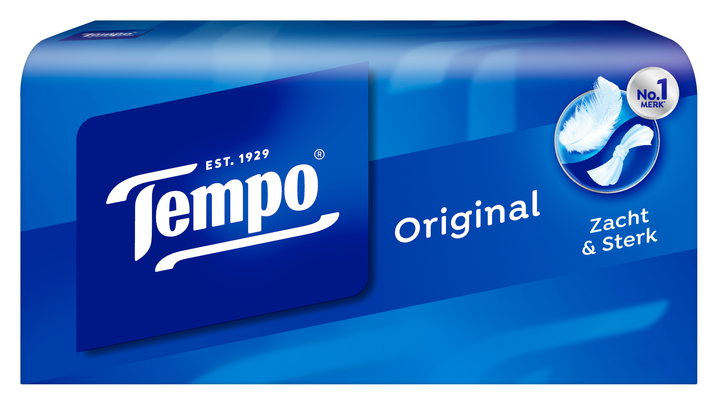 Box of Tempo tissues with 100 original paper tissues, featuring a white box with blue and red accents.
