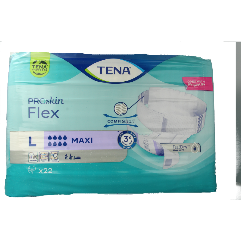 Tena Proskin Flex Maxi incontinence pads, size L, 22 pieces, shown in package with absorbent pads for adults.