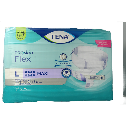 Tena Proskin Flex Maxi incontinence pads, size L, 22 pieces, shown in package with absorbent pads for adults.