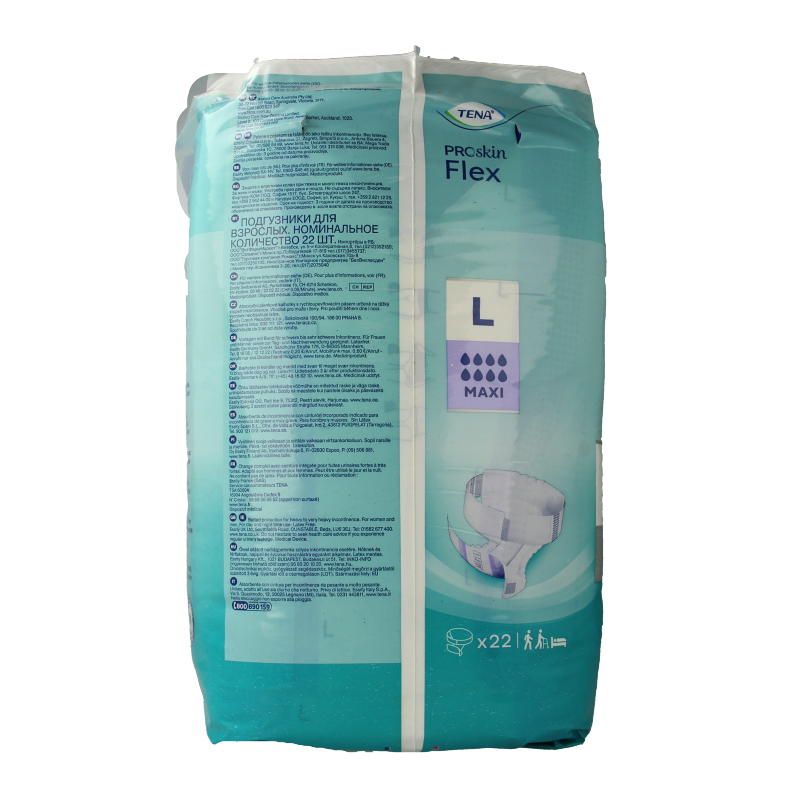 Tena Proskin Flex Maxi incontinence pads, size L, 22-piece pack, soft and discreet for adult urinary protection.