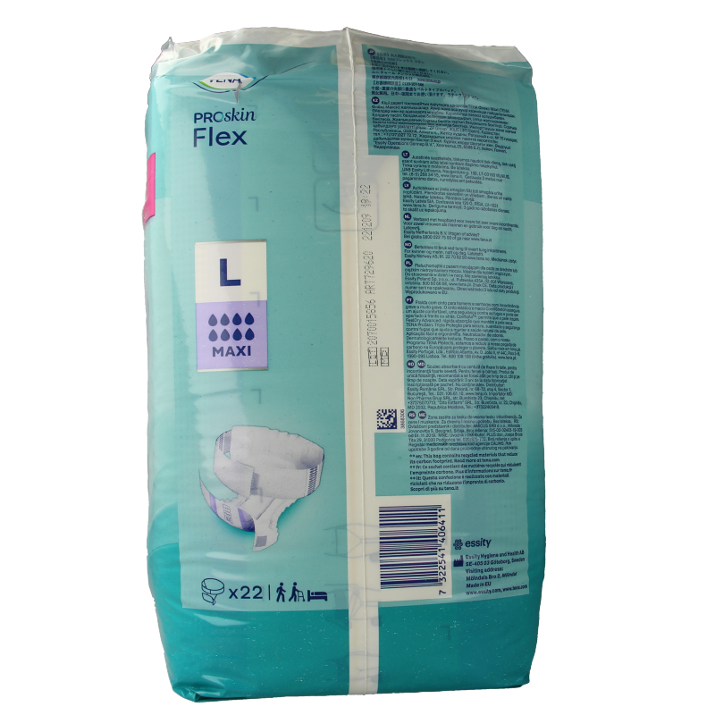 Tena Proskin Flex Maxi incontinence pads, size large, 22 pieces, showing the absorbent and breathable design for discreet protection.