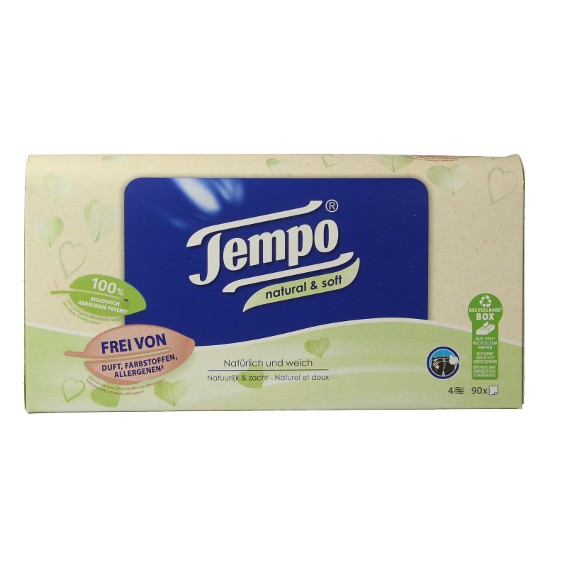 Box of Tempo Tissue soft 4-layer tissues with 90 sheets, featuring natural design, ideal for daily use.
