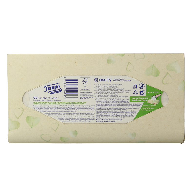 Tempo tissue box with 90 soft 4-layer tissues, natural white color, designed for gentle, everyday use.