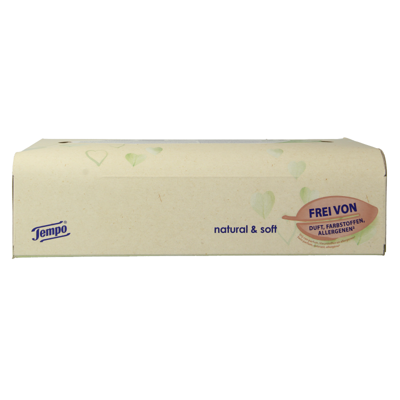 Soft Tempo 4-layer tissue box with 90 tissues, natural and gentle for everyday use, shown in image of open tissue box.
