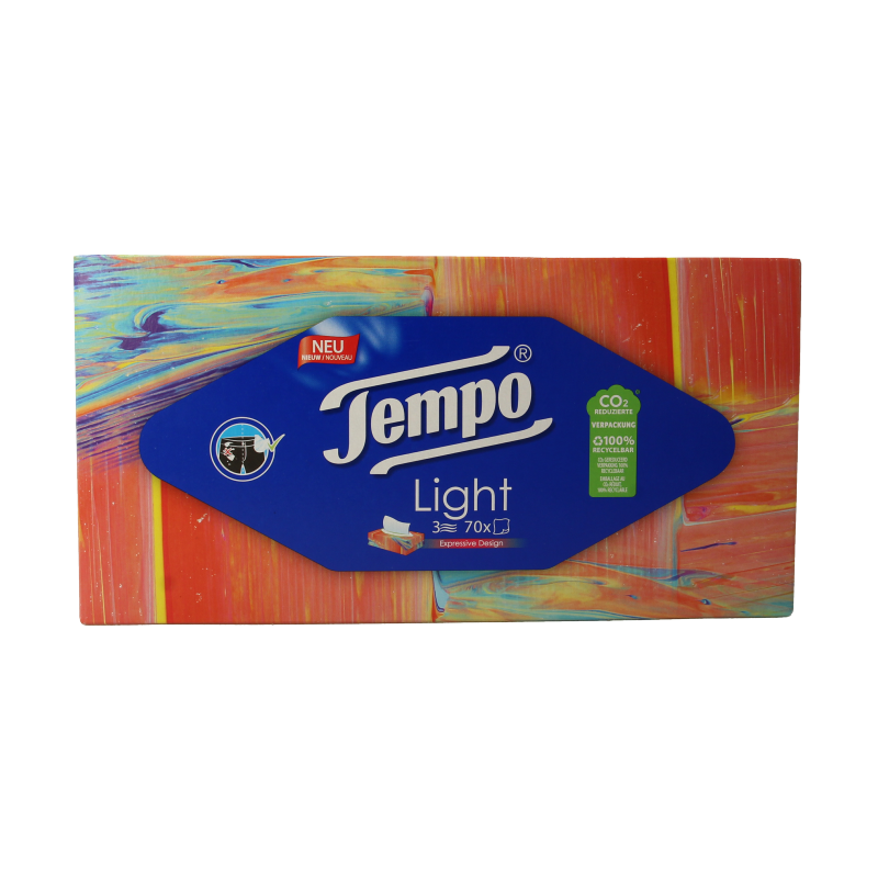 Tempo Tissue box light 3-laags tissues in a pack of 70, soft and convenient for everyday use.