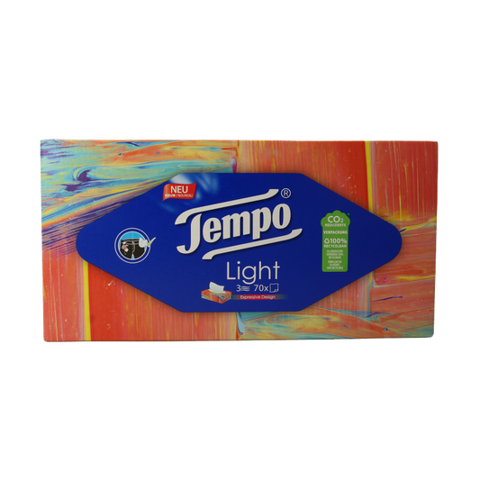 Tempo Tissue box light 3-laags tissues in a pack of 70, soft and convenient for everyday use.