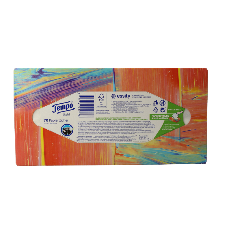 Box of 70 Tempo 3-layer light tissues in a tissue box, suitable for everyday use and gentle on the skin.