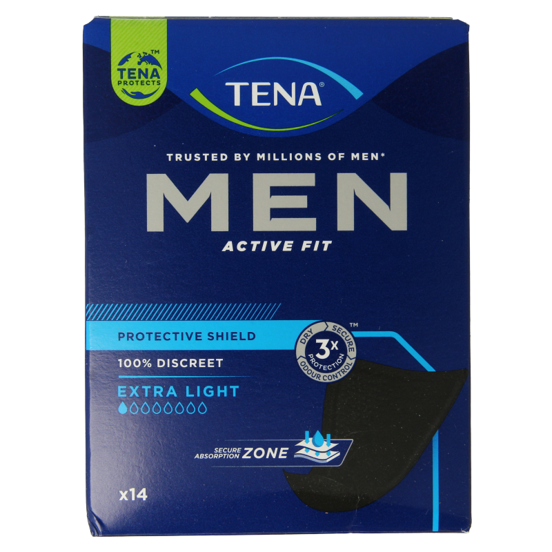 Tena Man Active Fit extra light incontinence pads, 14 pieces, designed for comfortable men's urinary protection.