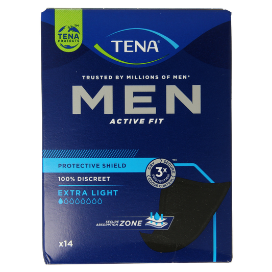 Tena Man Active Fit Extra Light incontinence pads, 14 pack, designed for discreet and comfortable bladder protection.