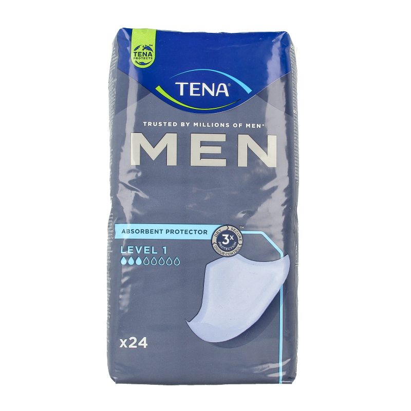 Tena Men Level 1 incontinence absorbent pads, 24 pieces, designed for discreet protection and comfort.