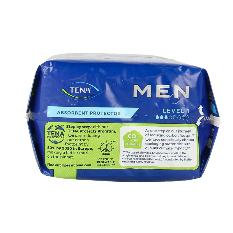 Tena Men level 1 incontinent pads, 24 pieces, designed for discreet urinary protection in a box.