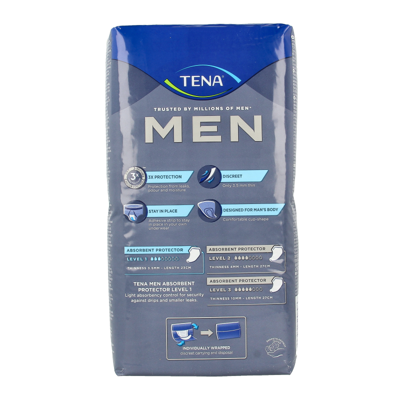 Tena Men level 1 incontinence pads, 24 pieces, designed for discreet male urinary protection, with absorbent material and flexible fit.