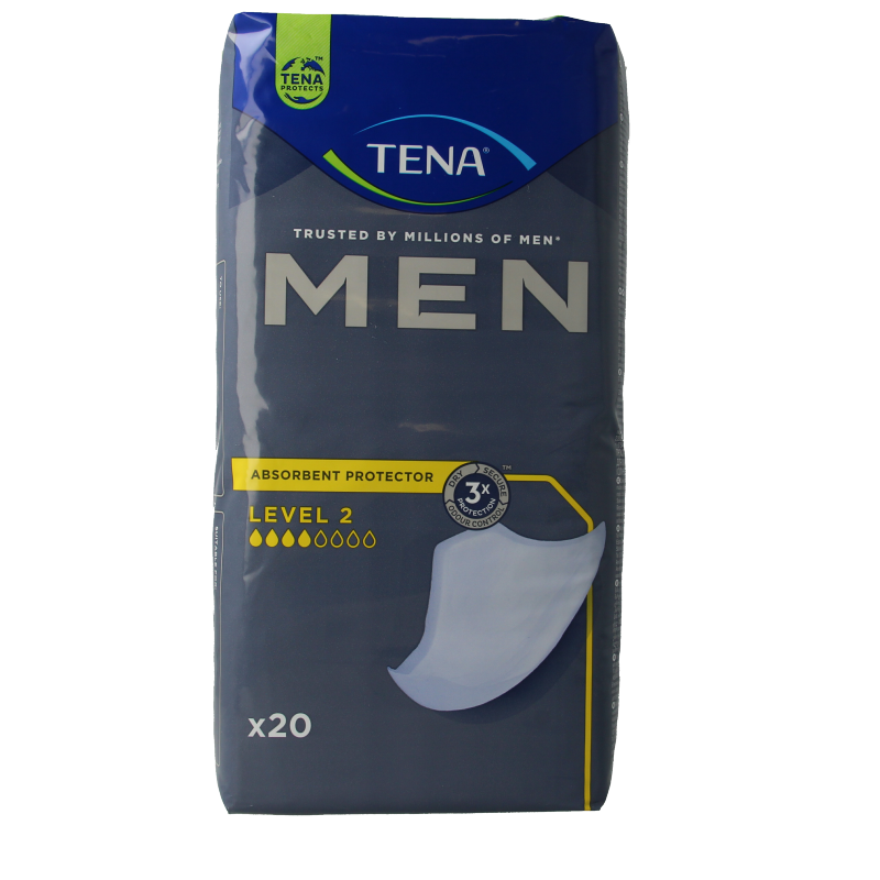 Tena for Men Level 2 incontinence pads, pack of 20, featuring discreet design and absorbent material for comfort and protection.