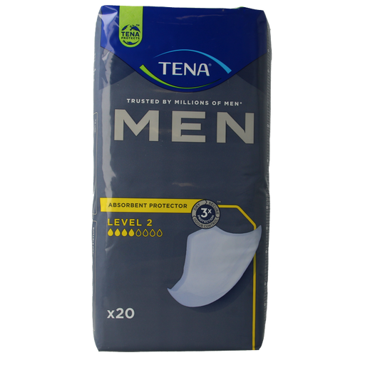 Tena for Men Level 2 incontinence pads, pack of 20, featuring discreet design and absorbent material for comfort and protection.