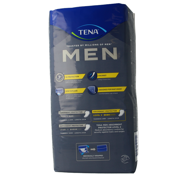 Tena Men Level 2 incontinence pads, pack of 20, with discreet absorption and comfortable fit for men.