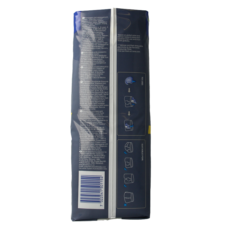 Tena Men Level 2 incontinence pads, pack of 20, designed for comfortable protection and discreet fit for men.