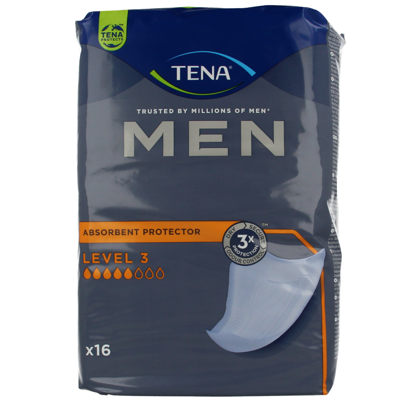 Tena Men level 3 incontinence pads, 16-pack, showing the packaging with blue and white design and product details.