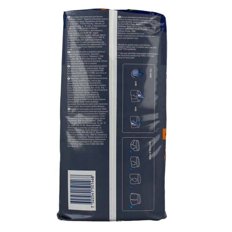 Tena Men Level 3 incontinence pads, 16-pack, with discreet absorbent design for men's bladder control.
