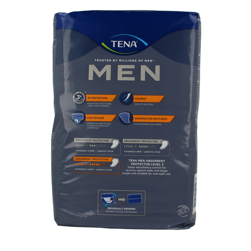 Tena Men level 3 incontinent pads, 16-pack, designed for men with moderate urinary incontinence, shown in the image.
