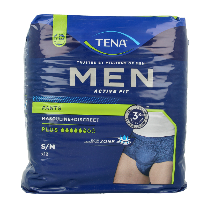 Tena Men Active Fit Plus incontinent pants in size S/M, 12-pack, showing navy blue waistband and discreet fit.