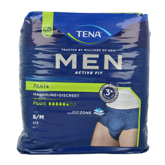 Tena Men Active Fit Plus incontinent pants in size S/M, 12-pack, showing navy blue waistband and discreet fit.