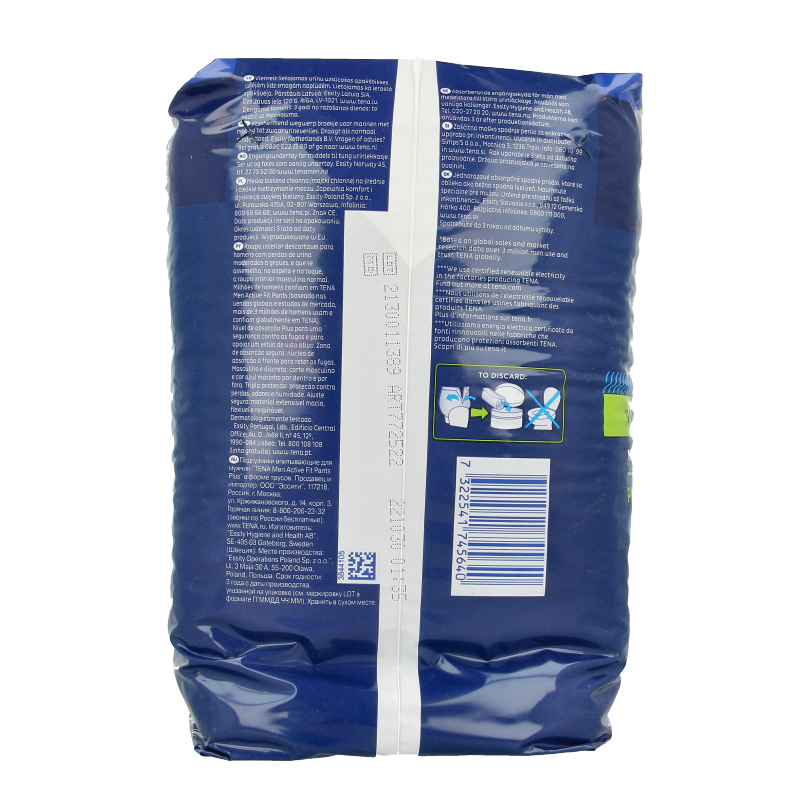 Tena Men Active Fit Incontinence Pants Plus S/M, pack of 12, showing discreet, absorbent men's incontinence underwear.