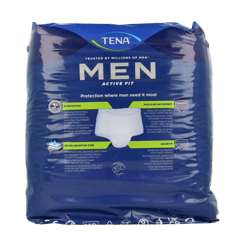 Tena Men Active Fit Incontinence Pants Plus S/M 12-pack, male incontinence underwear with discreet fit and absorbent design.