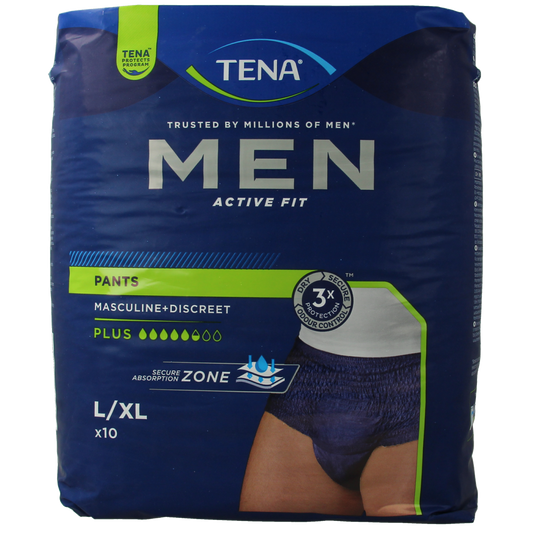 Tena Men Active Fit Incontinence Pants Plus L/XL, pack of 10, designed for discreet male bladder protection.