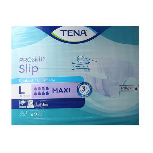 Tena Proskin slip maxi in size L, pack of 24 incontinence incontinence pads, white with blue accents, designed for comfort and protection.