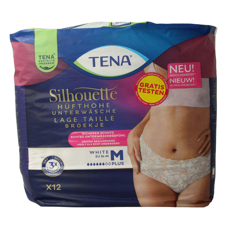 Tena Silhouette Plus low waist incontinent underwear in size M, displayed on a plain background.