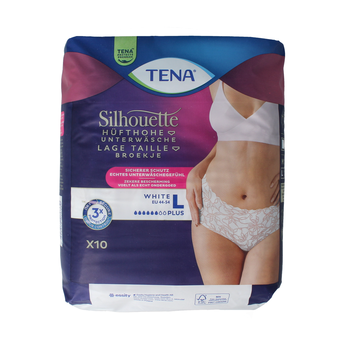 Tena Silhouette Plus low waist incontinence pads, size L, 10-pack, shown in a close-up image with product packaging and pads.