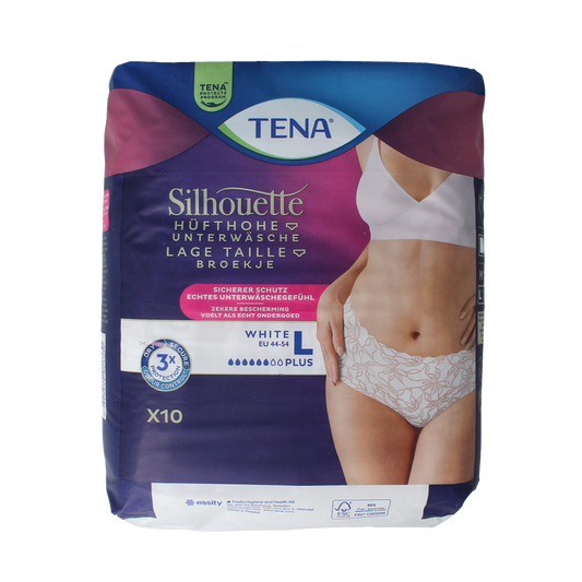 Tena Silhouette Plus low waist incontinence pads, size L, 10-pack, shown in a close-up image with product packaging and pads.