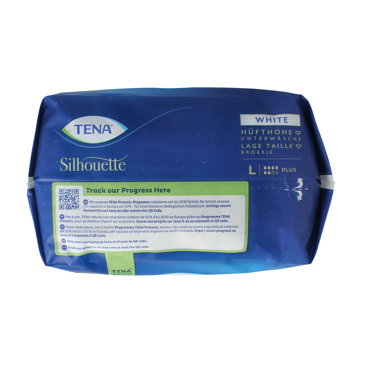 Tena Silhouette Plus low waist incontinent underwear in size L, 10-pack, shown in light blue with soft fabric and elastic waist.