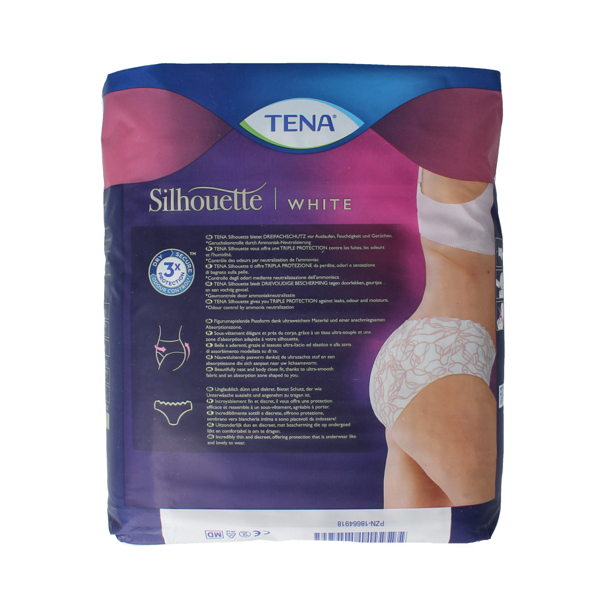 Tena Silhouette Plus low waist incontinent underwear in size L, displayed in packaging with 10 pieces.